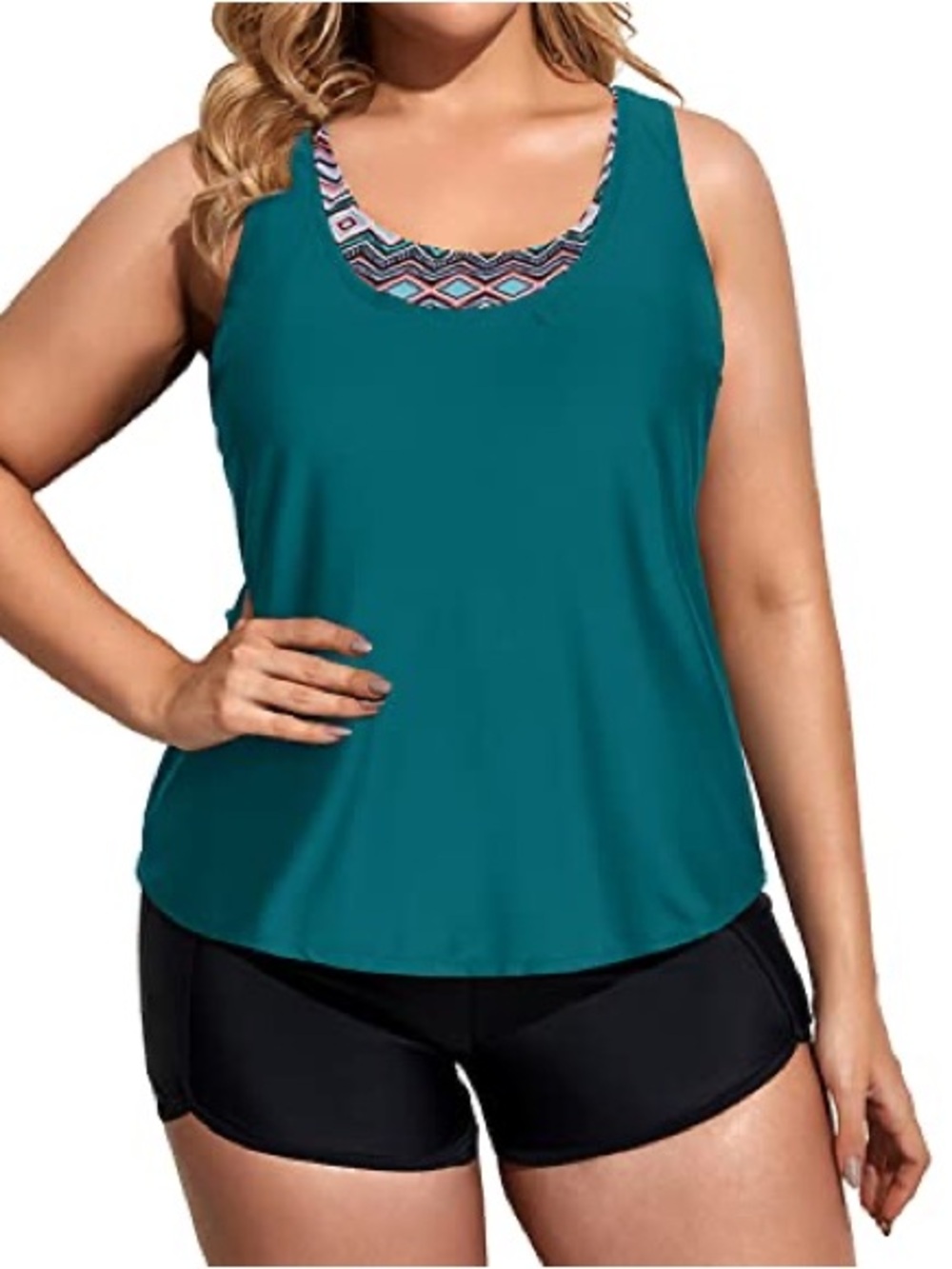 Teal Layered Swim Tankini with Patterned Under Bra